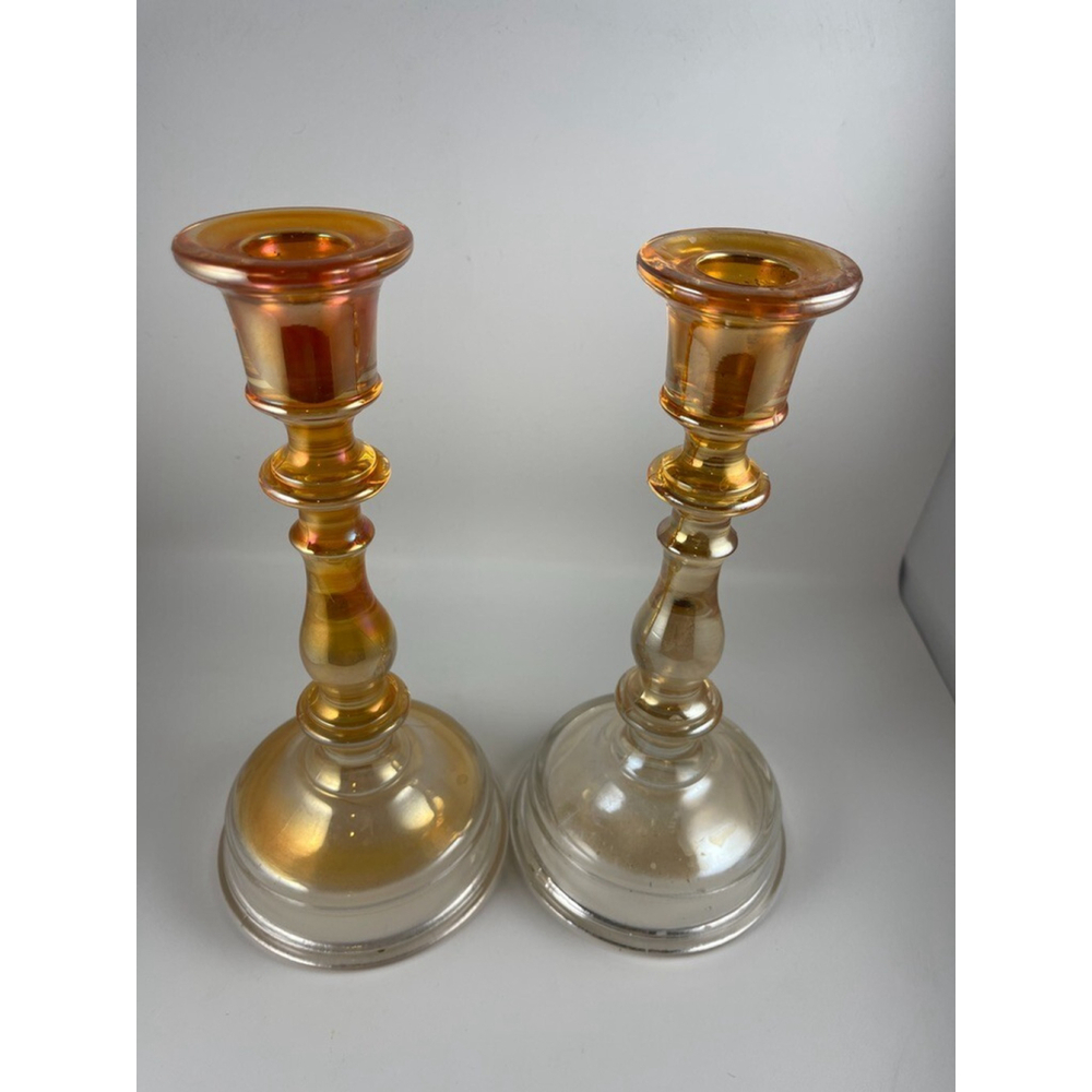 Vintage Pair of Imperial Glass Carnival Candle Holders Marigold Clear Base 8.5”